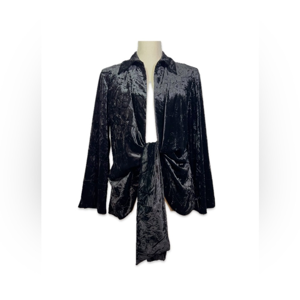 Mishca Black Velvet Jacket Women’s Size Large Collared Tie Front Long Sleeve